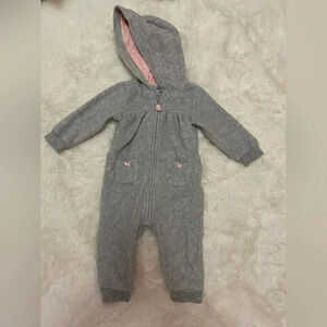 Carter’s baby girl hooded fleece zip up warm outfit, romper gray with hood